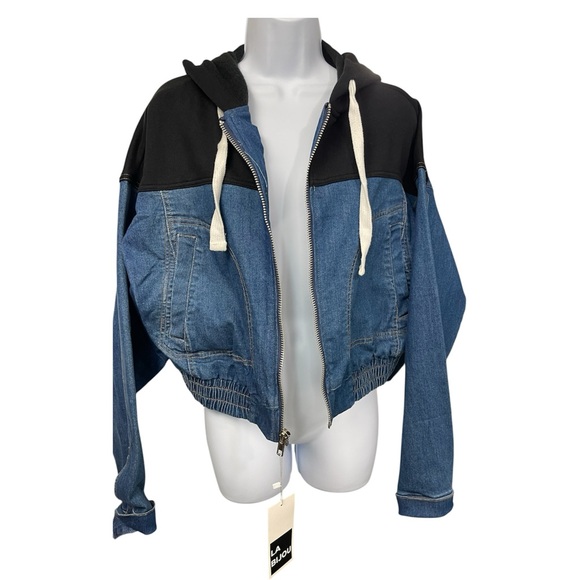Blue NEW Denim Jean Hoodie Jacket zipper LABIJOU-Sz S Heather Black over size - Picture 2 of 13